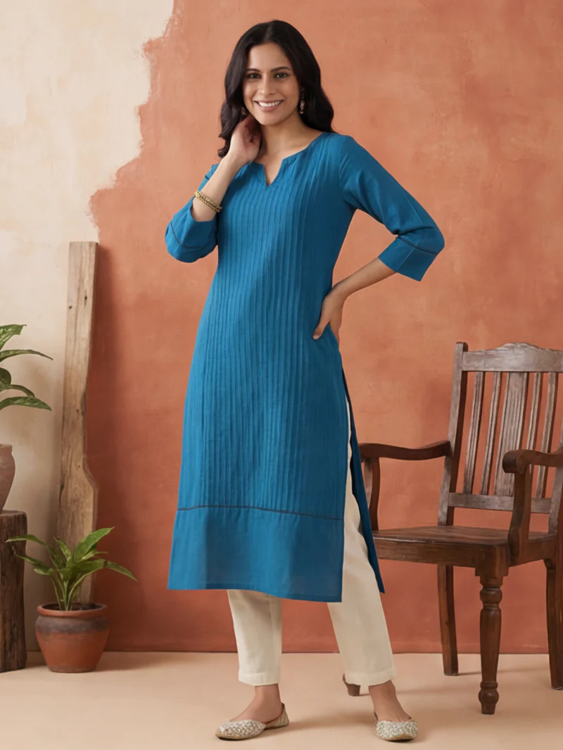 Teal Blue Pintuck Pure Cotton Kurti Set