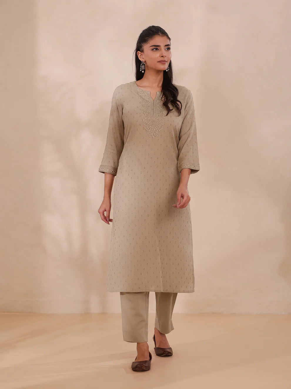 Kashish Beige Chikankari Embroidered Kurti Set