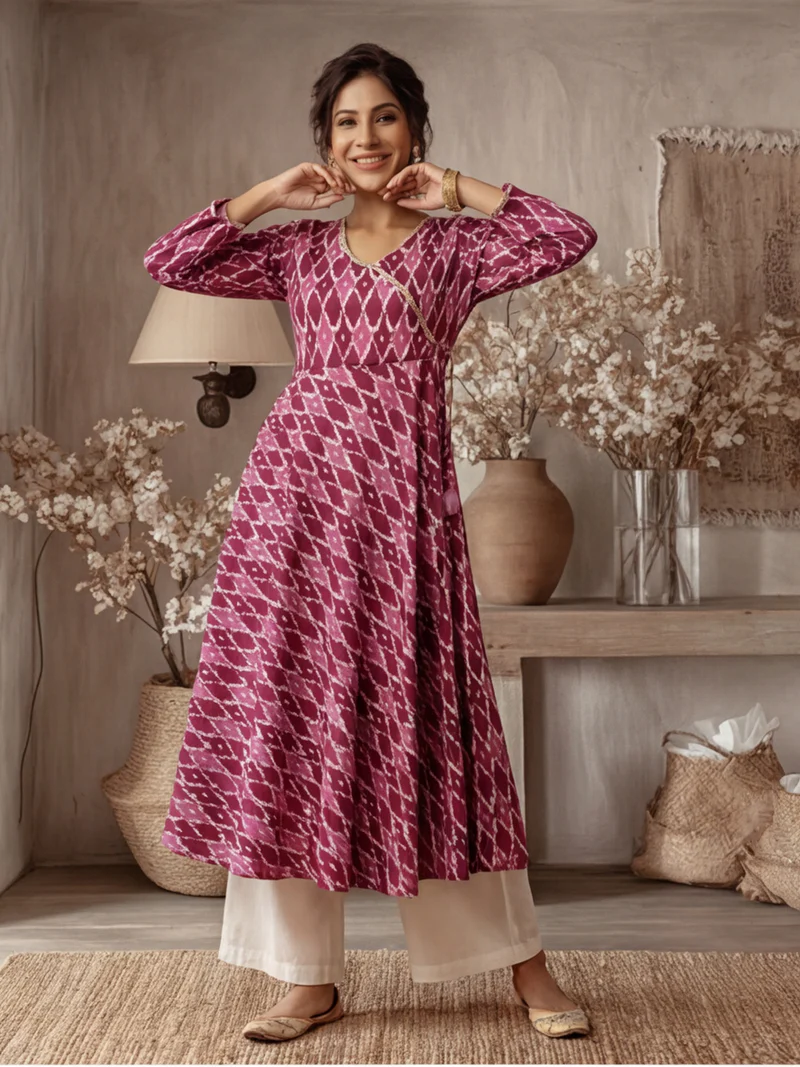 Wine Ikat Angrakha Anarkali Kurti Set