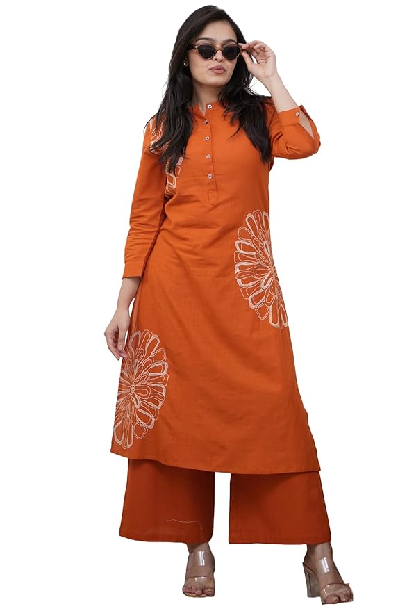 Rust Orange Floral Motif Kurti Palazzo Set