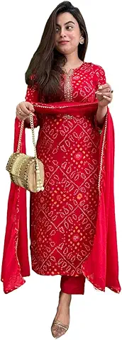 Red Bandhani Print Kurti Set With Dupatta