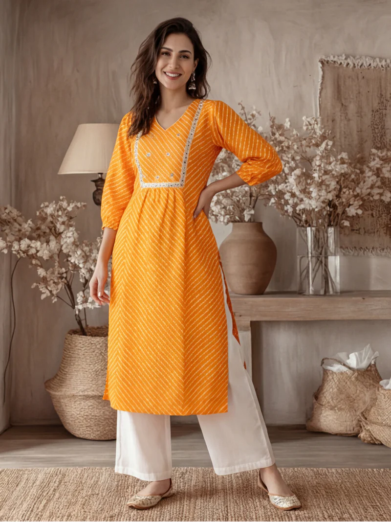 Tangerine Leheriya Mirror-Yoke Kurti Set