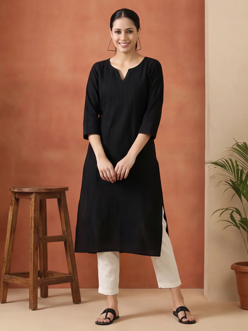 Black Pintuck Cotton Notch-Neck Kurti Set